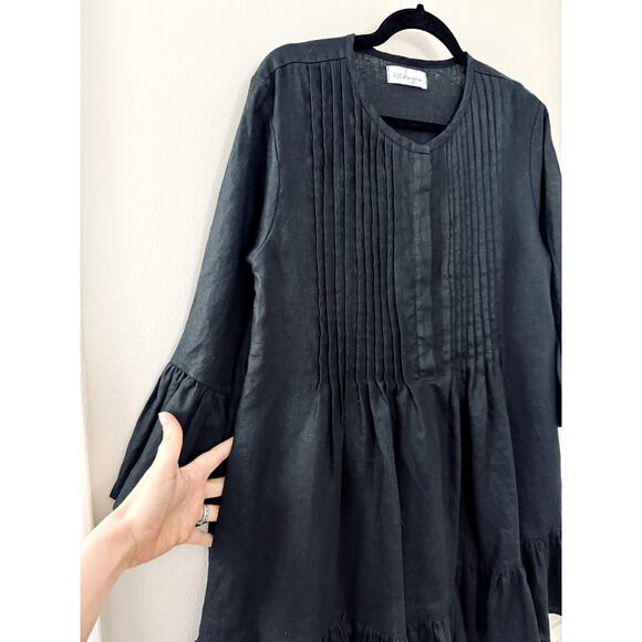 LJC 100% Linen‎ Lagenlook Resortwear Minimalist Pleat Ruffle Black Shirt Dress M - Picture 4 of 11